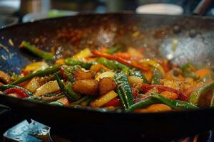 Close-up of a vegetable stir-fry cooking in a wok, a healthy and flavorful meal photo
