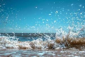 Sparkling ocean waves crashing against a sandy beach under a clear blue sky photo