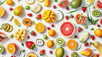 A colorful assortment of fruits and s are spread out on a white background photo
