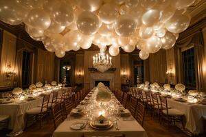 Elegant balloon chandelier suspended from the ceiling at a formal dinner party, adding glamour to the event photo