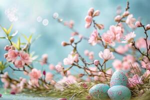 Springtime Easter scene with blooming flowers and budding trees photo