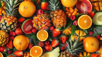 A colorful fruit display with oranges, strawberries, and watermelon. Concept of abundance and freshness, inviting viewers to enjoy the delicious and healthy fruits photo