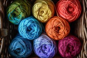 Rainbow-colored yarn skeins transparently arranged in a basket photo