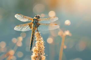 Close up of a dragonfly perched on a reed, showcasing the beauty of wetland ecosystems photo