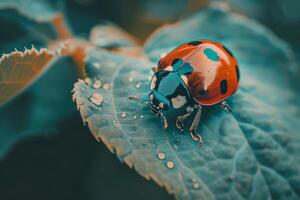 Close up of a ladybug resting on a leaf, showcasing the delicate balance of insect life in ecosystems photo