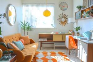 Retro mid-century modern decor against a soft transparent white surface, adding vintage flair photo