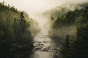 Serene river flowing through a misty forest on a foggy morning photo