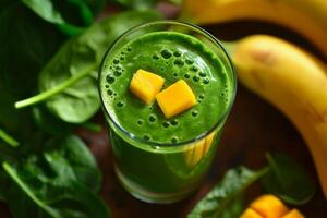 Close-up of a smoothie made with spinach, mango, banana, and coconut water, a nutritious and energizing beverage photo