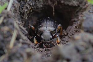 Close up of a beetle burrowing in rotting wood, illustrating the role of decomposers in nutrient cycling photo