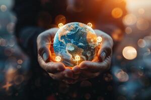 Hands holding a globe with money symbols, global finance concept photo