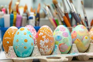 Easter egg decorating workshop with craft supplies and creative tools photo