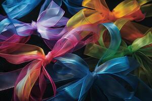 Rainbow-colored ribbons transparently tied in bows photo