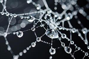 Crystal-clear water droplets caught in the delicate strands of a spider's web photo