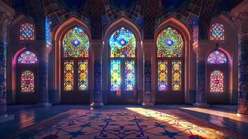 A room with stained glass windows and a blue carpet photo