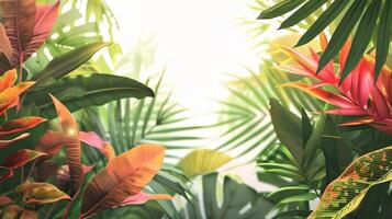 A lush green jungle with a bright yellow and red leafy plant in the foreground. The jungle is full of life and color, with a sense of adventure and exploration photo