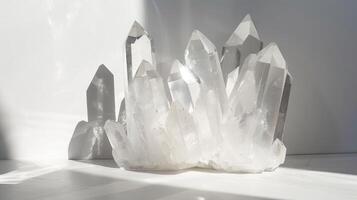 Glowing crystal formations casting ethereal shadows against a minimalist white canvas photo