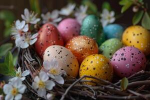 Colorful Easter eggs arranged in a nest with spring blossoms photo