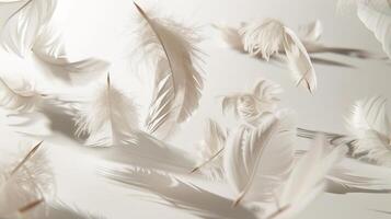 Ethereal boho feathers floating delicately against a pristine white surface photo