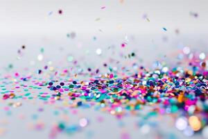 Glittering confetti sparkles scattered on a soft transparent white surface, perfect for celebratory occasions photo