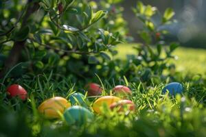 Easter egg hunt concept with hidden eggs in a garden setting photo