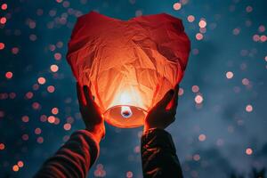 Hands releasing a heart-shaped lantern into the night sky photo