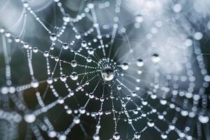 Crystal-clear water droplets caught in the delicate strands of a spider's web photo