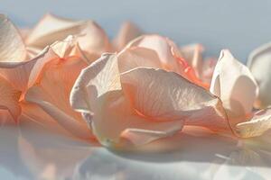 A close up of a flower with its petals spread out. The flower is pink and has a delicate, almost ethereal appearance. Concept of beauty and fragility, as the petals are delicate photo