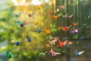 Rainbow-colored origami cranes hanging transparently from a string in a sunny window photo