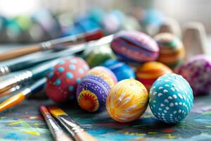 Easter egg painting party with colorful paints and brushes photo