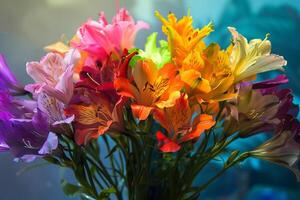 Rainbow-colored flowers transparently arranged in a bouquet photo