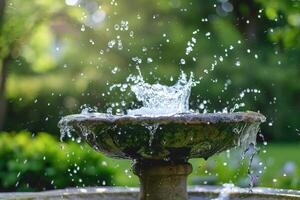 Refreshing splash of water from a fountain on a hot summer day photo