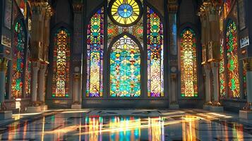 A large room with stained glass windows and a clock on the wall photo