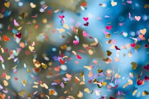 Heart-shaped confetti falling from the sky photo