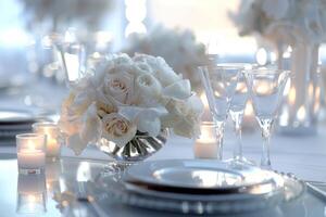 Elegant wedding reception decor against a soft transparent white surface, ideal for memorable events photo