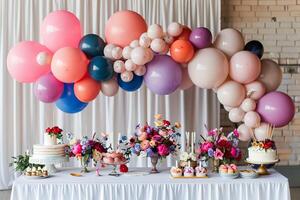 Elegant balloon centerpiece on a dessert table, adding a pop of color to the display photo