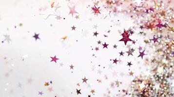 Glittery confetti stars twinkling brightly against a blank white setting photo