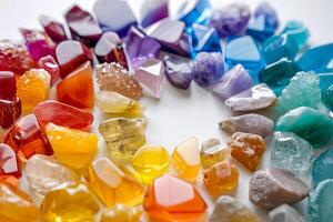 Rainbow-colored chakra stones transparently arranged in a circular pattern photo