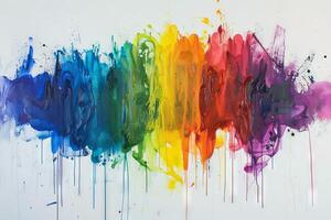 Rainbow-colored paint transparently splattered on a canvas photo