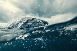 Refreshing splash of water from a diving whale in the open ocean photo