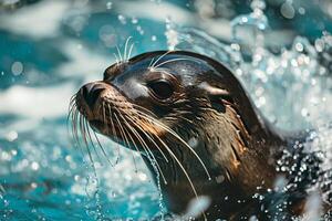 Refreshing splash of water from a playful seal in the open sea photo