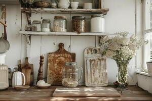 Rustic farmhouse kitchen decor against a soft transparent white backdrop, perfect for cozy gatherings photo