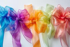 Rainbow-colored ribbons transparently tied in bows photo