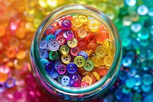 Rainbow-colored buttons transparently arranged in a jar, ready for use photo