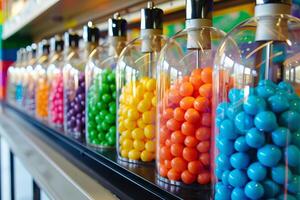 Rainbow-colored gumballs transparently lined up in a candy dispenser photo