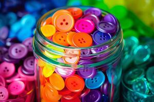 Rainbow-colored buttons transparently arranged in a jar, ready for use photo