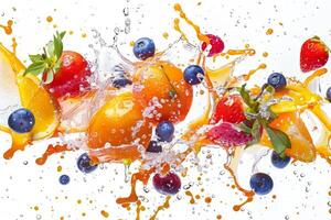 Fruit juice splatter against a transparent white canvas, adding freshness to designs photo