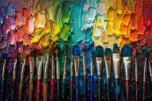 Rainbow-colored paintbrushes transparently arranged on a palette photo
