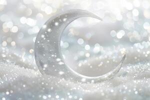 Glowing moon-shaped sparkles shining brightly on a soft transparent white surface, perfect for mystical themes photo