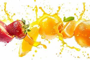 Fruit juice splatter against a soft transparent white backdrop, ideal for refreshing graphics photo