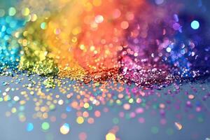 Rainbow-colored glitter transparently sprinkled on a handmade greeting card photo